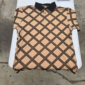 Men's Tan Polo with Black Lattice Pattern and Black Collar